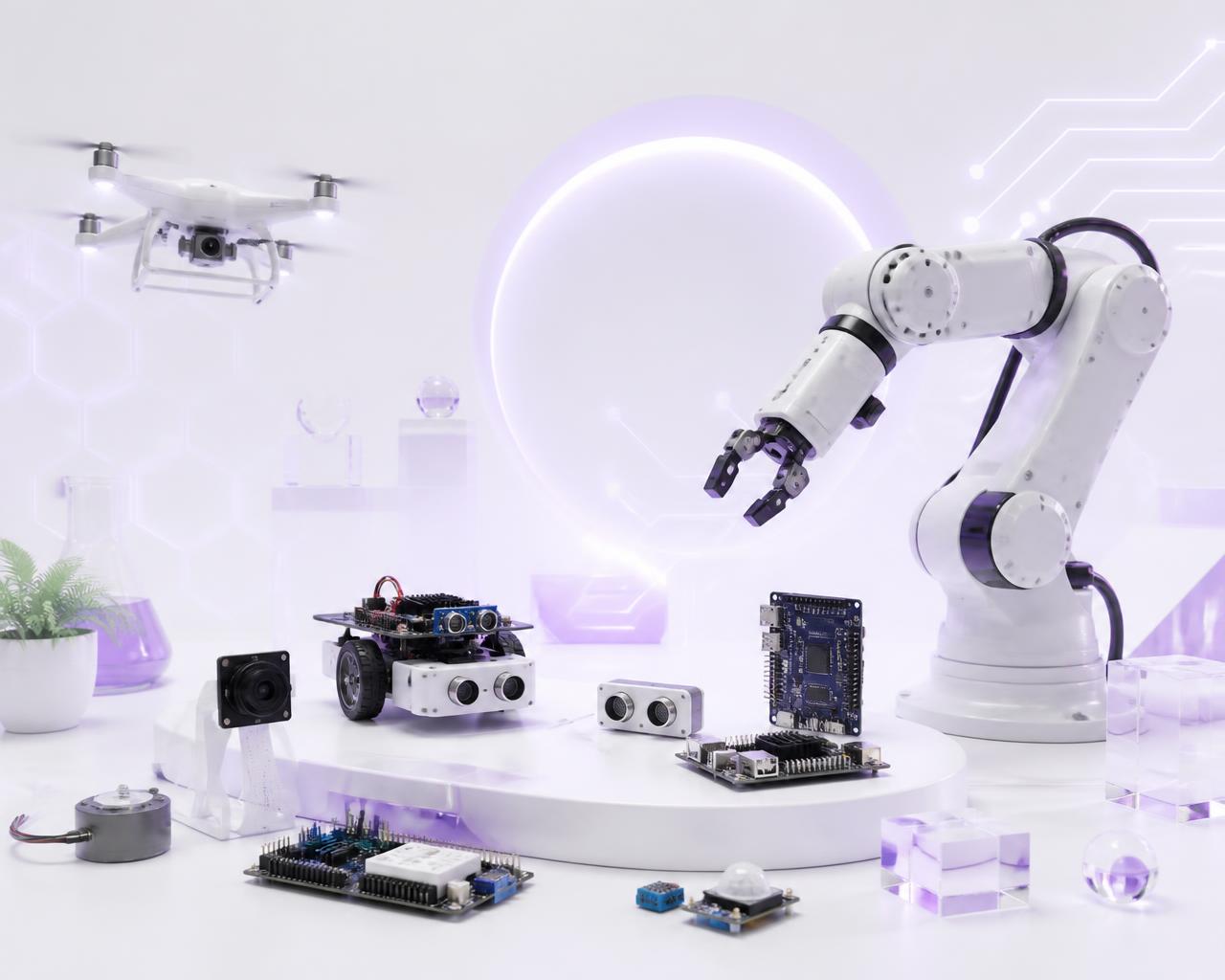 Modern STEM and robotics laboratory with a robotic arm, microcontrollers, sensors and a drone